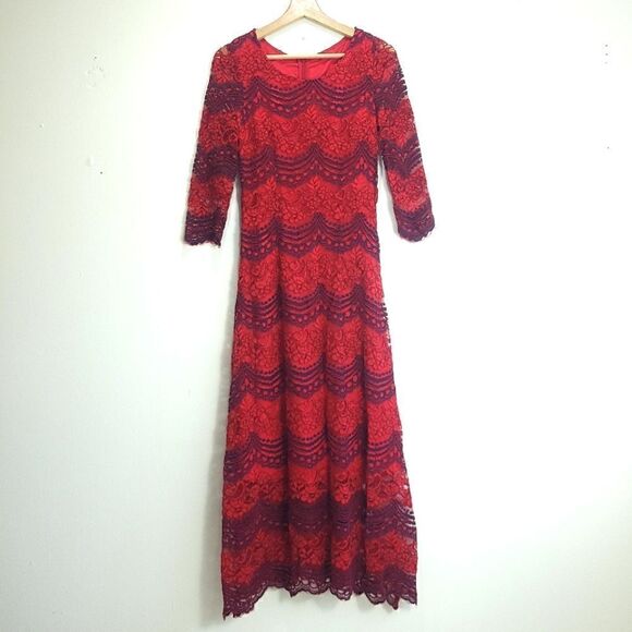 Vintage Navy & Red Lace 3/4 Sleeve Maxi Gown - Picture 1 of 12